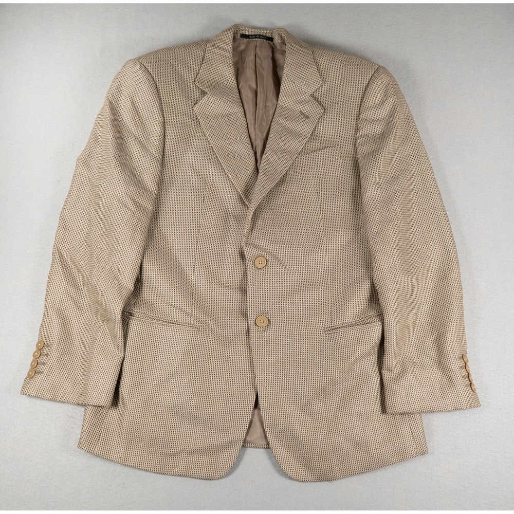 Armani Collezioni Mens Blazer Silk Wool Micro Check Tan 40 Made in Italy